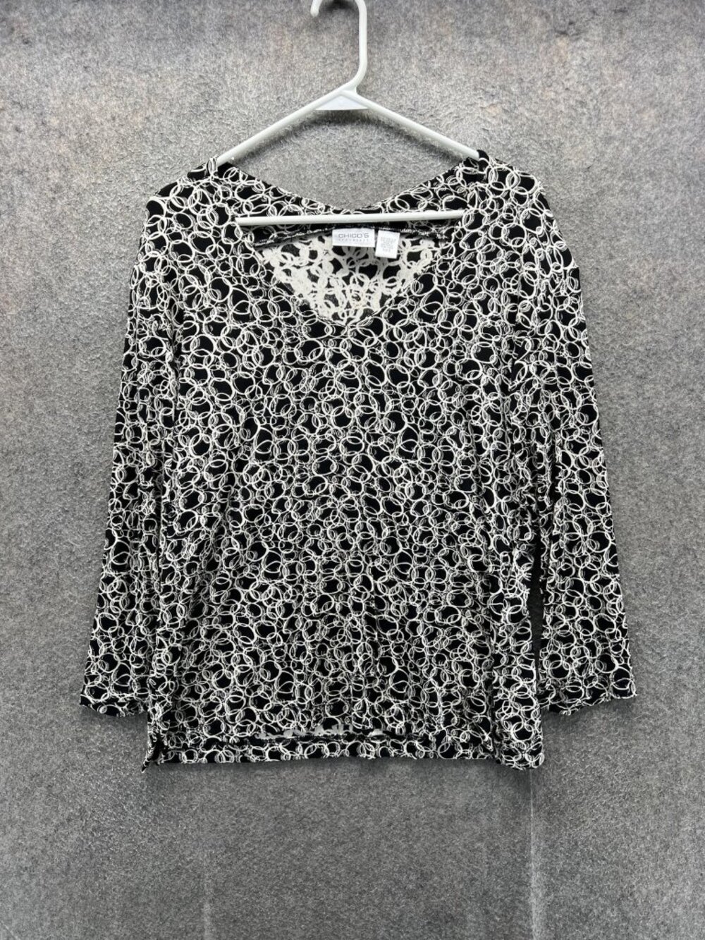 Chico's Blouse Womens 3 Black White V Neck 3/4 Sleeve Travel Jersey Top